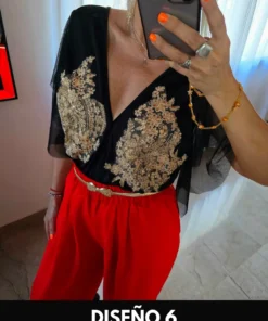 Body Cleo, Diseño Bordado en Lycra de vestir, mangas tull escote frente y espalda.