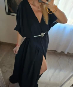 Vestido Aruba, elástico bajo busto, tela cey falda cruzada y tajo frente
