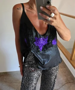 Lencera Helena, Diseño bordados en tela Cey con foil, corte evasé.